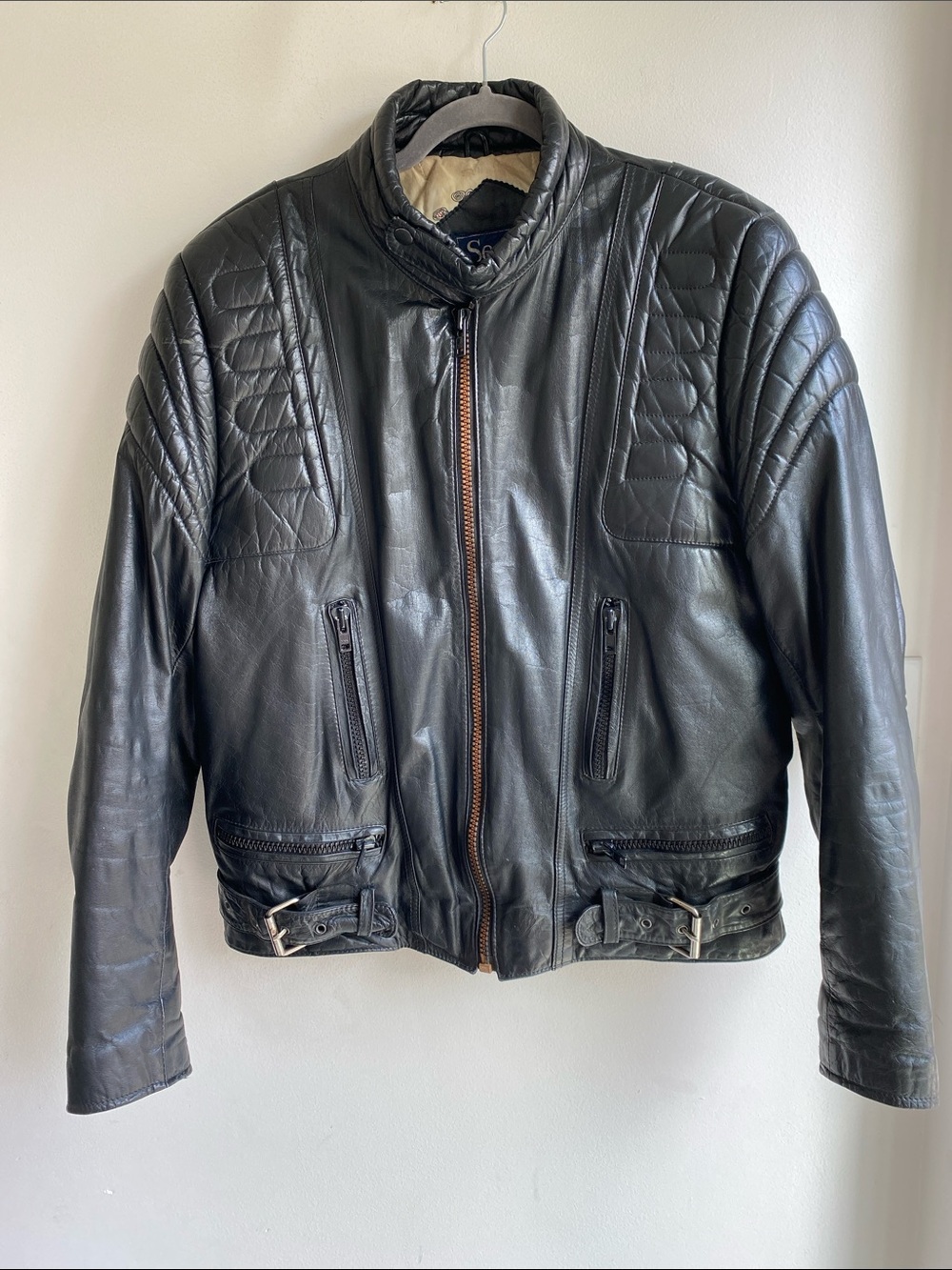 Vintage Sears Leather Mens Black Biker Motorcycle Jacket 42 Tall Map Lining